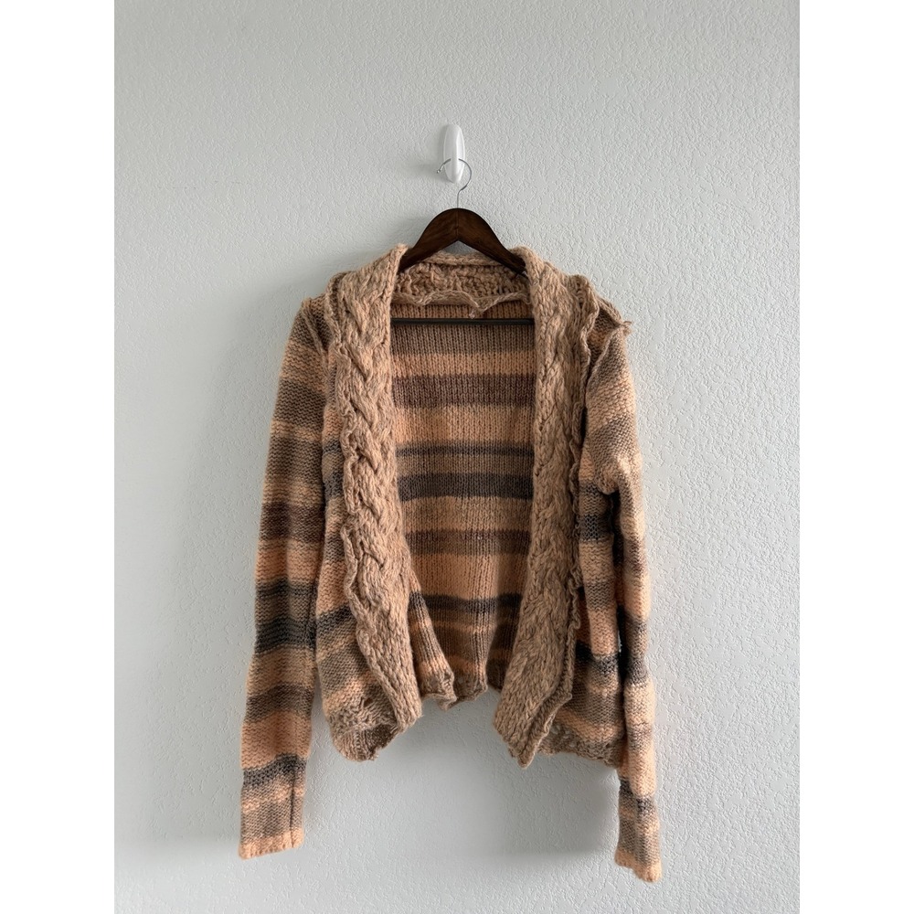Free People Boho Cardigan Size L Tan Peach Striped Cable Knit Trim